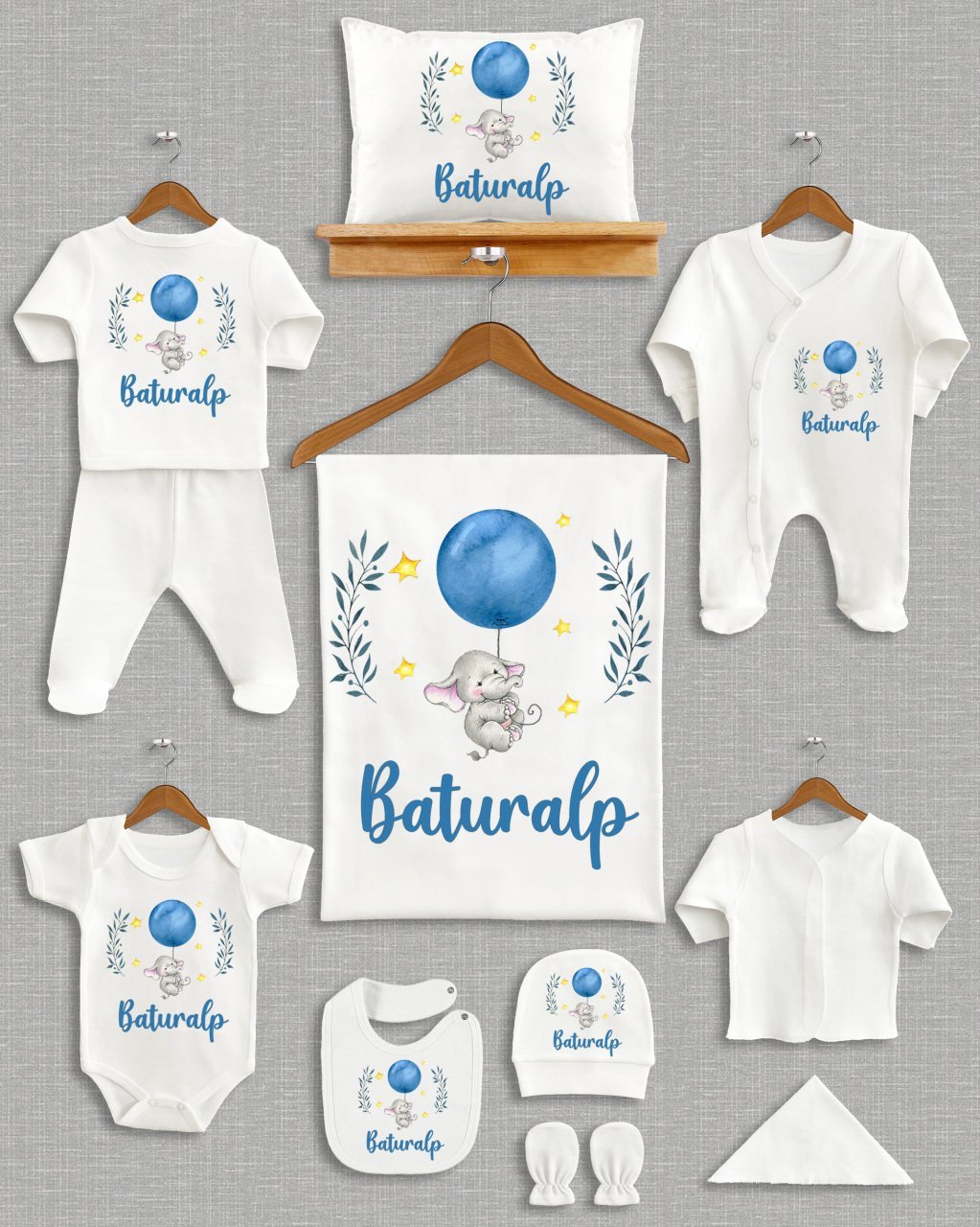 Mavi Balon Tutan Fil Tasarımı 11'li Organik Hastane Çıkışı