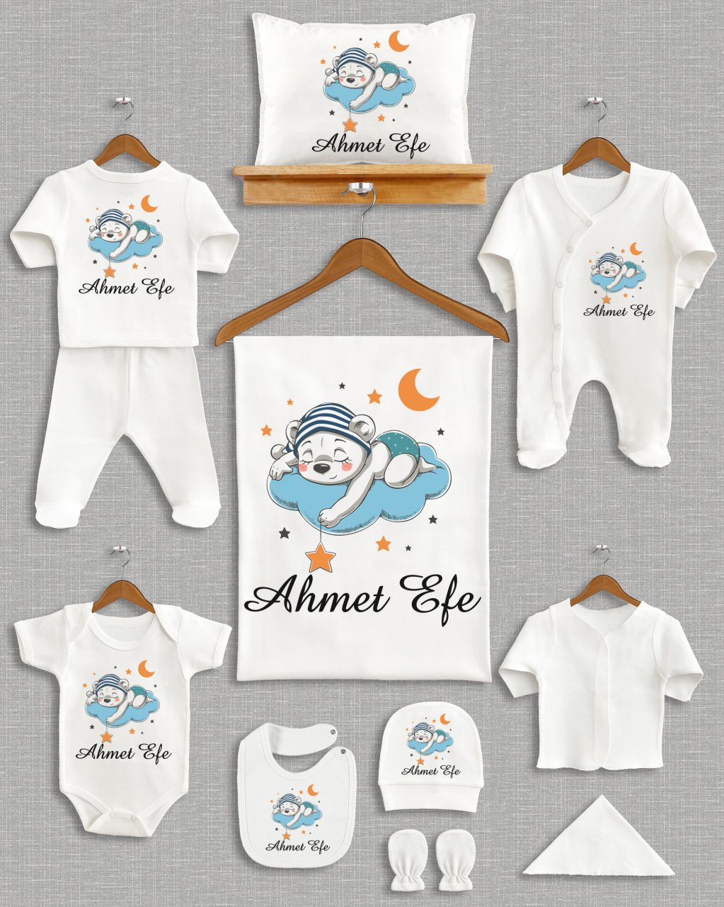 Mavi Bulutlu Sevimli Uyuyan Ayıcık Tasarımı 11'li Organik Hastane Çıkışı