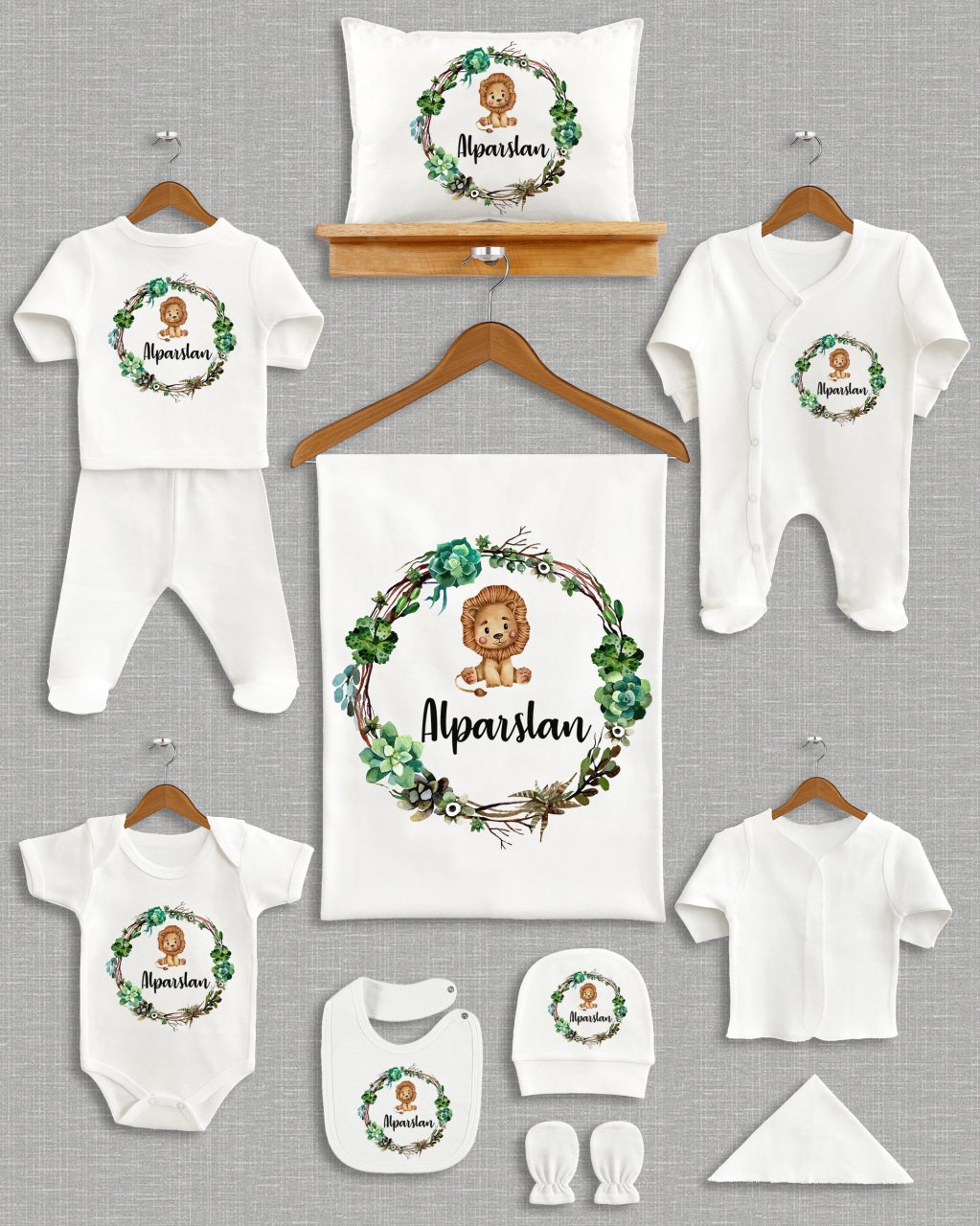 Yeşil Yapraklı Çelenkli Aslan Tasarımı 11'li Organik Hastane Çıkışı