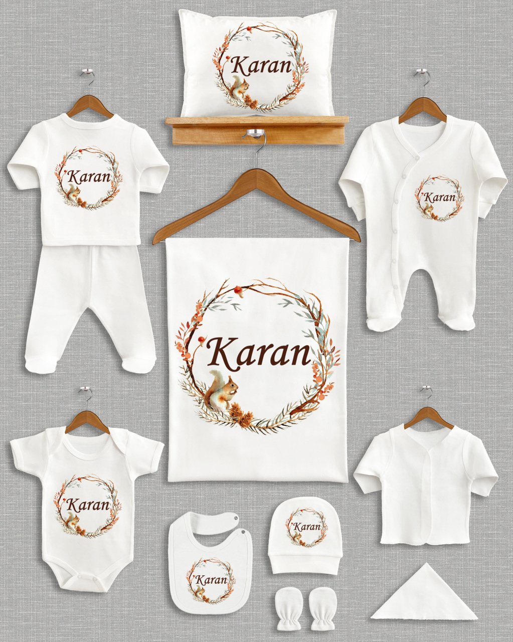 Kahve Tonlu Sevimli Sincaplı Tasarım 11'li Organik Hastane Çıkışı