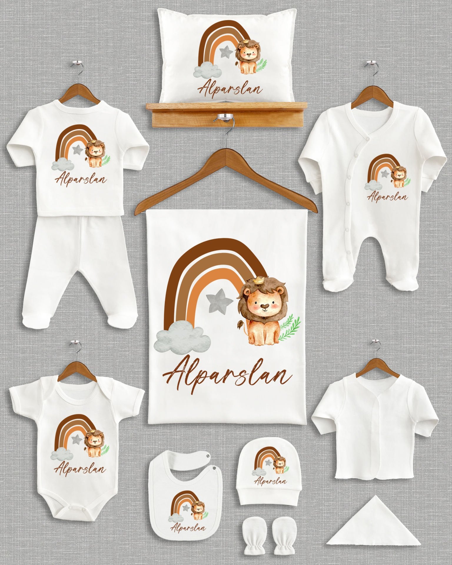 Sevimli Aslanlı Gökkuşağı Tasarımı 11'li Organik İsme Özel Hastane Çıkışı