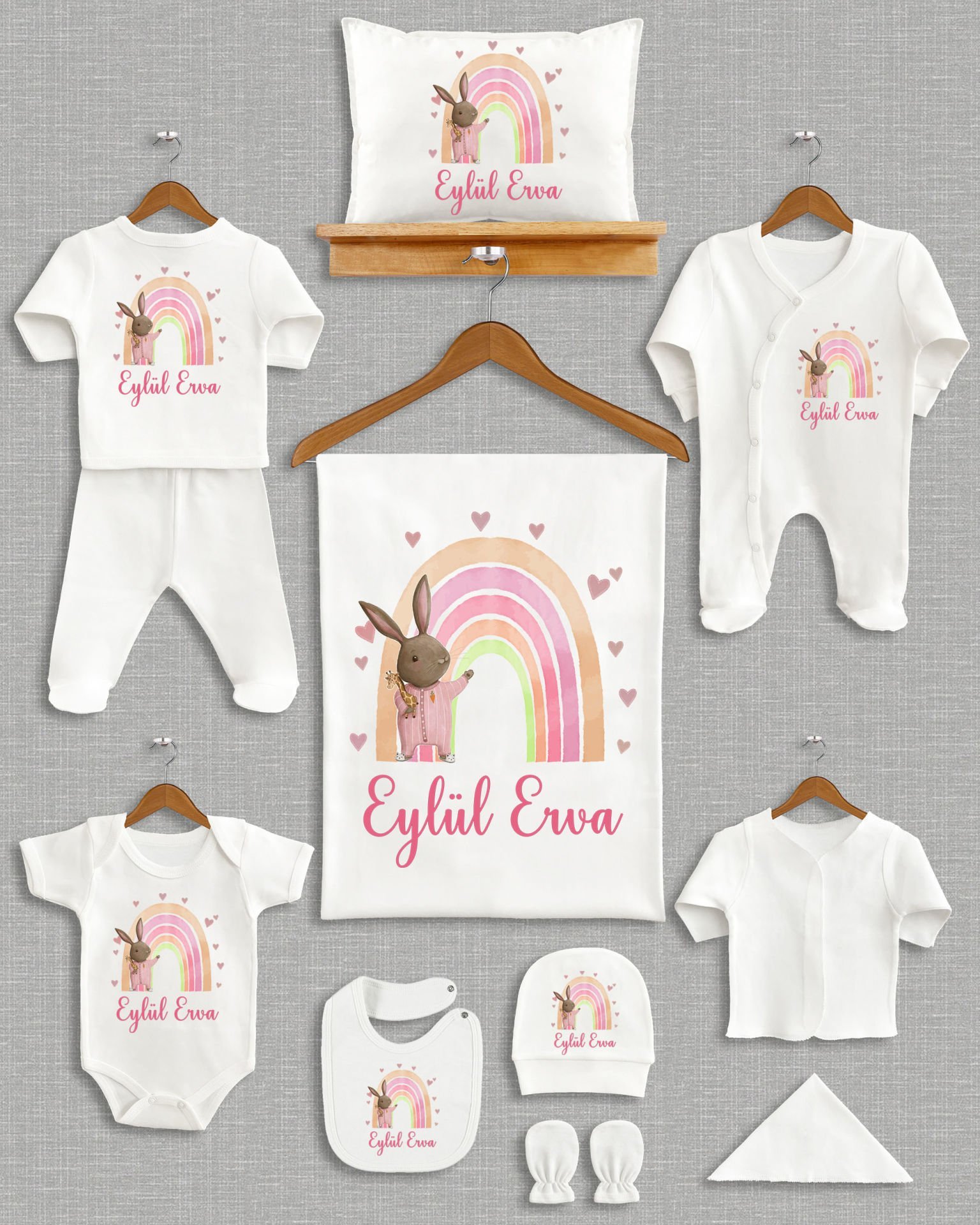 Tavşanlı Gökkuşağı Tasarımı 11'li Organik İsme Özel Hastane Çıkışı