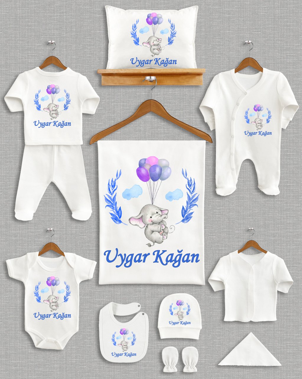 Mavi Yapraklı Balon Tutan Fil Tasarımı 11'li Organik Hastane Çıkışı