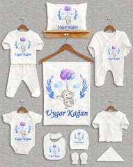 Mavi Yapraklı Balon Tutan Fil Tasarımı 11'li Organik Hastane Çıkışı