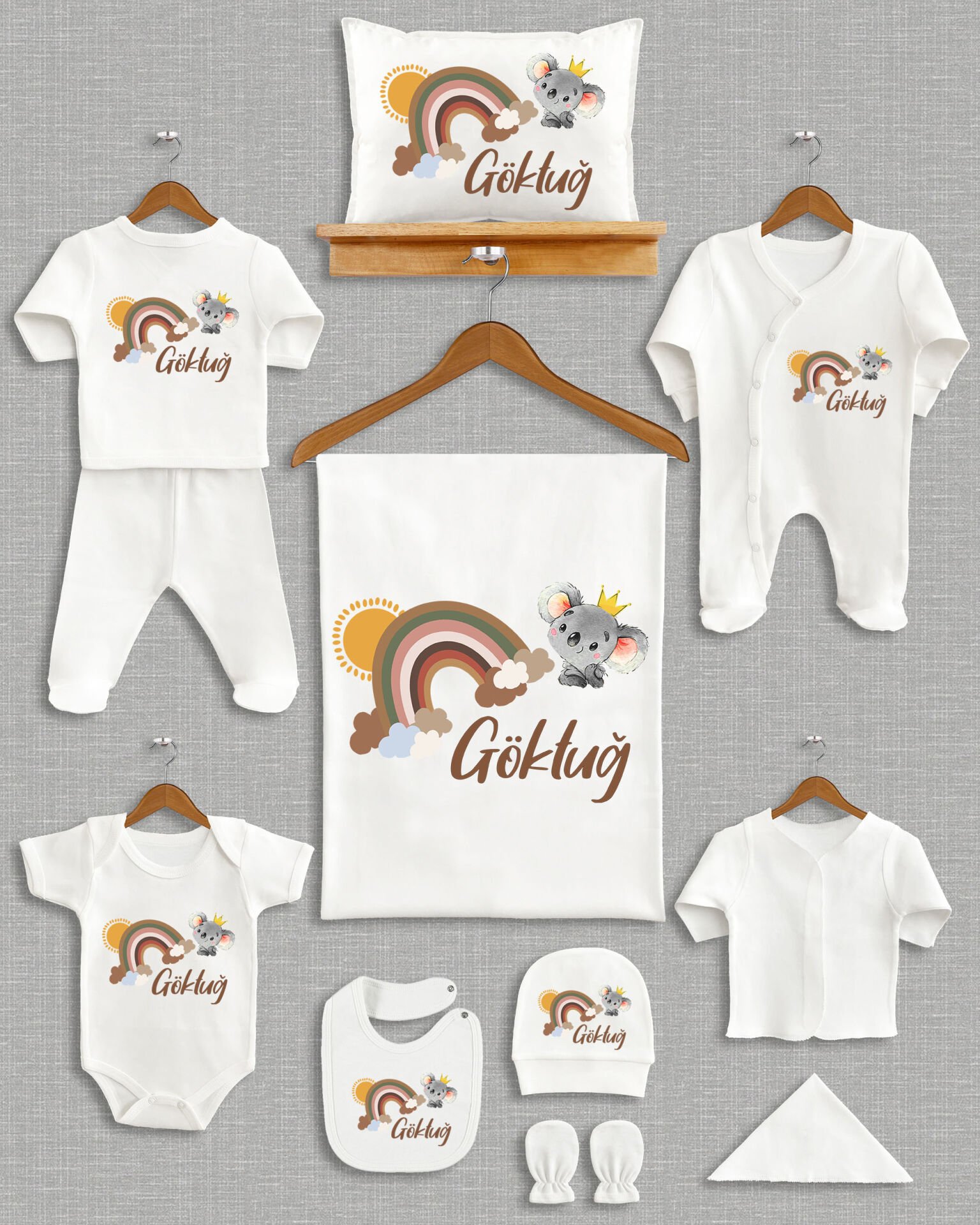 Sevimli Koalalı Gökkuşağı Tasarımı 11'li Organik İsme Özel Hastane Çıkışı