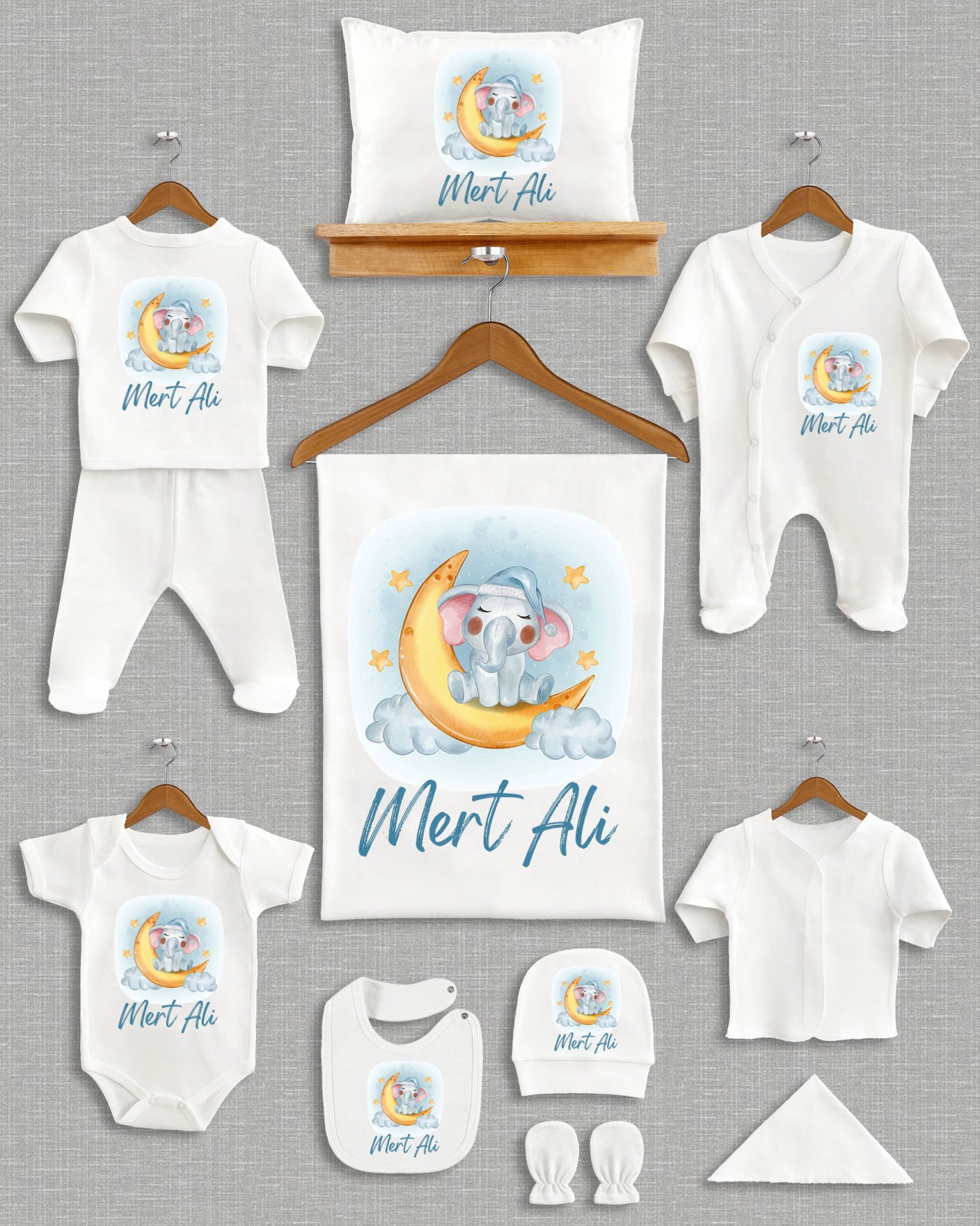 Ay Üzerinde Sevimli Fil Tasarımı 11'li Organik İsme Özel Hastane Çıkışı