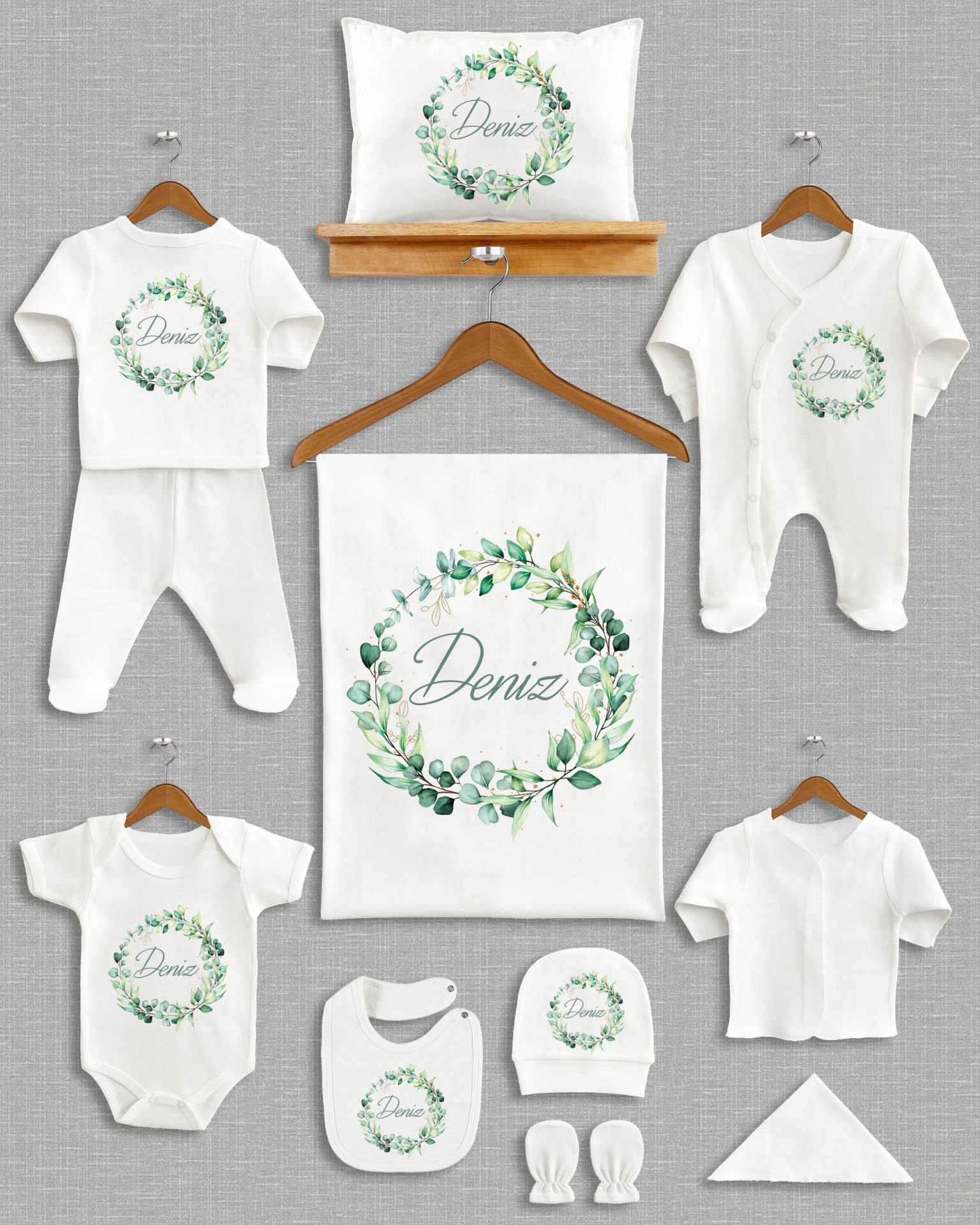 Soft Yaprak Çelenk Tasarımı 11'li Organik İsme Özel Hastane Çıkışı