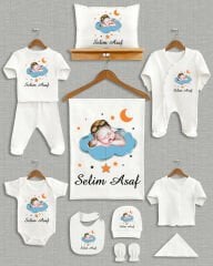 Bulut Üzerinde Sevimli Bebek Tasarımı 11'li Organik İsme Özel Hastane Çıkışı