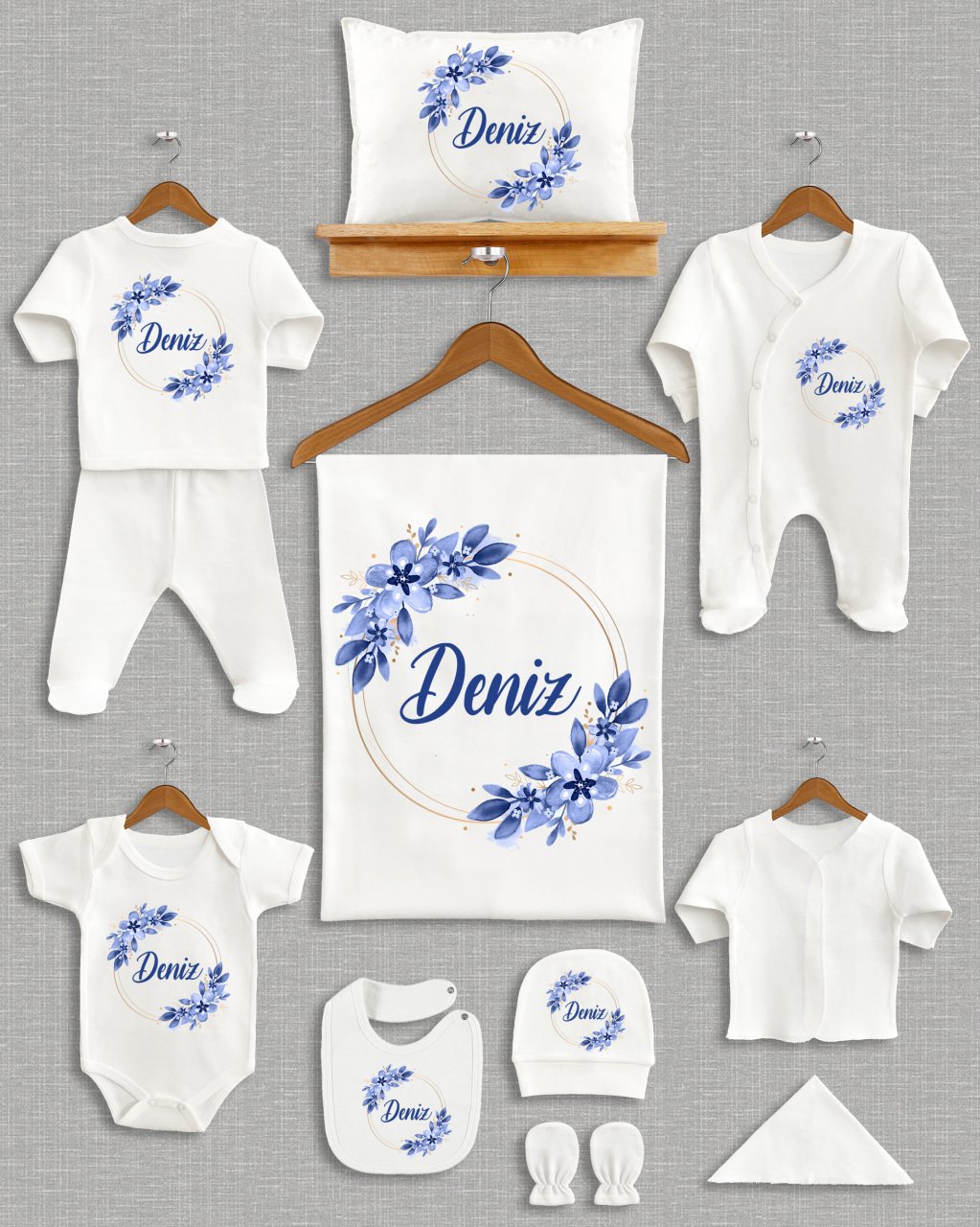 Mavi Çiçek Desenli 11'li Organik  Hastane Çıkışı