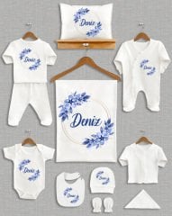 Mavi Çiçek Desenli 11'li Organik  Hastane Çıkışı