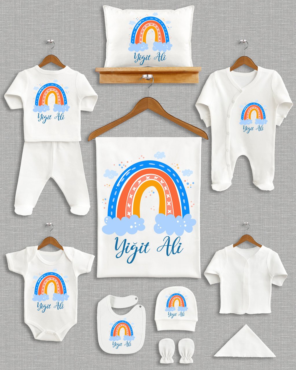 Mavi Bulutlu Gökkuşağı Tasarımı 11'li Organik  Hastane Çıkışı