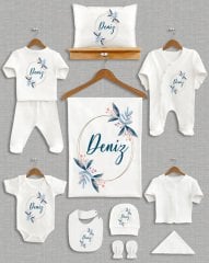 Mavi Çiçek Tasarımlı 11'li Organik  Hastane Çıkışı