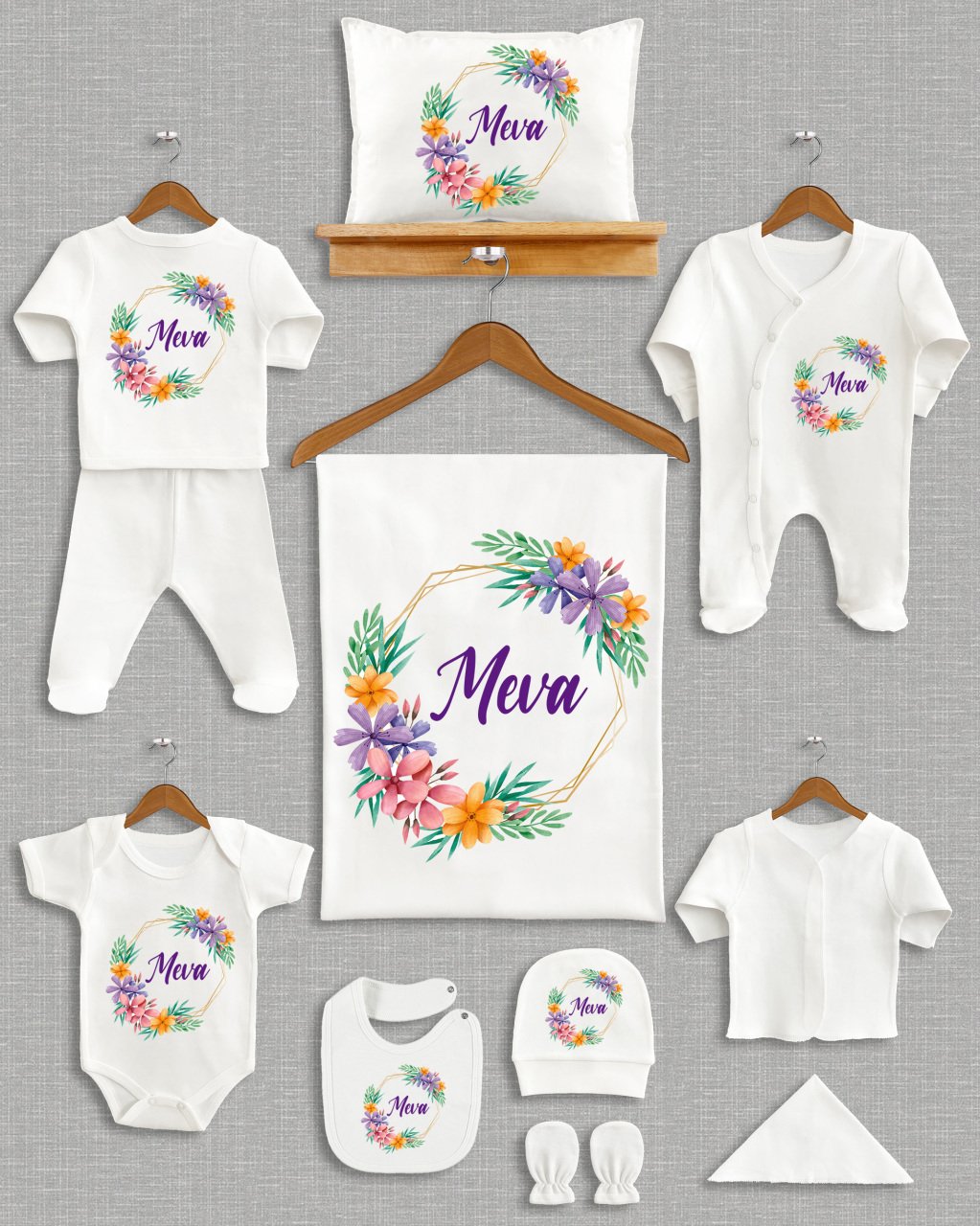 Mor Pembe Sarı Çiçekli 11'li Organik  Hastane Çıkışı