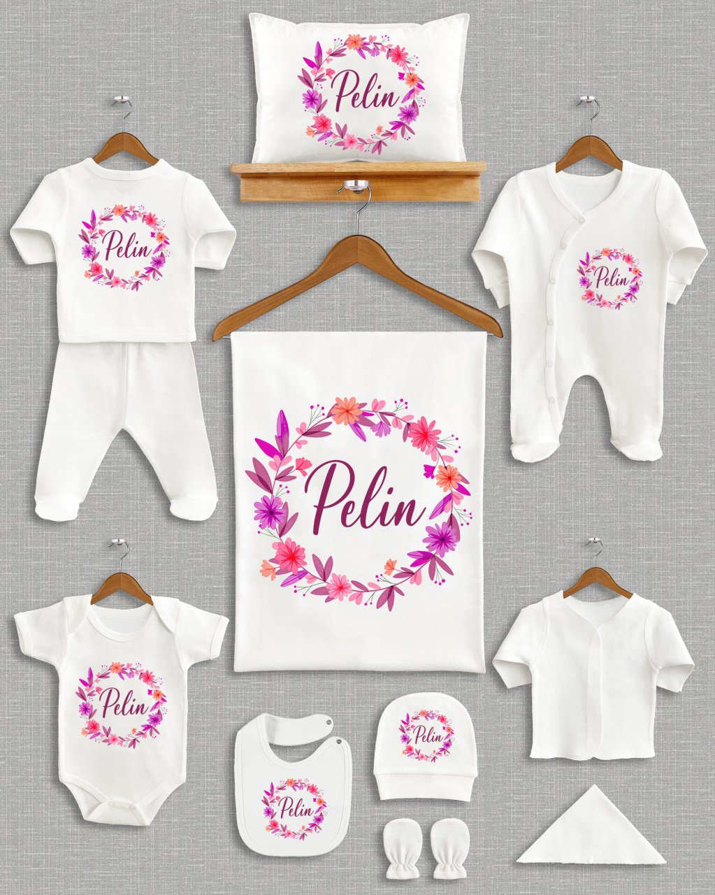 Pembe Mor Çiçekli 11'li Organik  Hastane Çıkışı