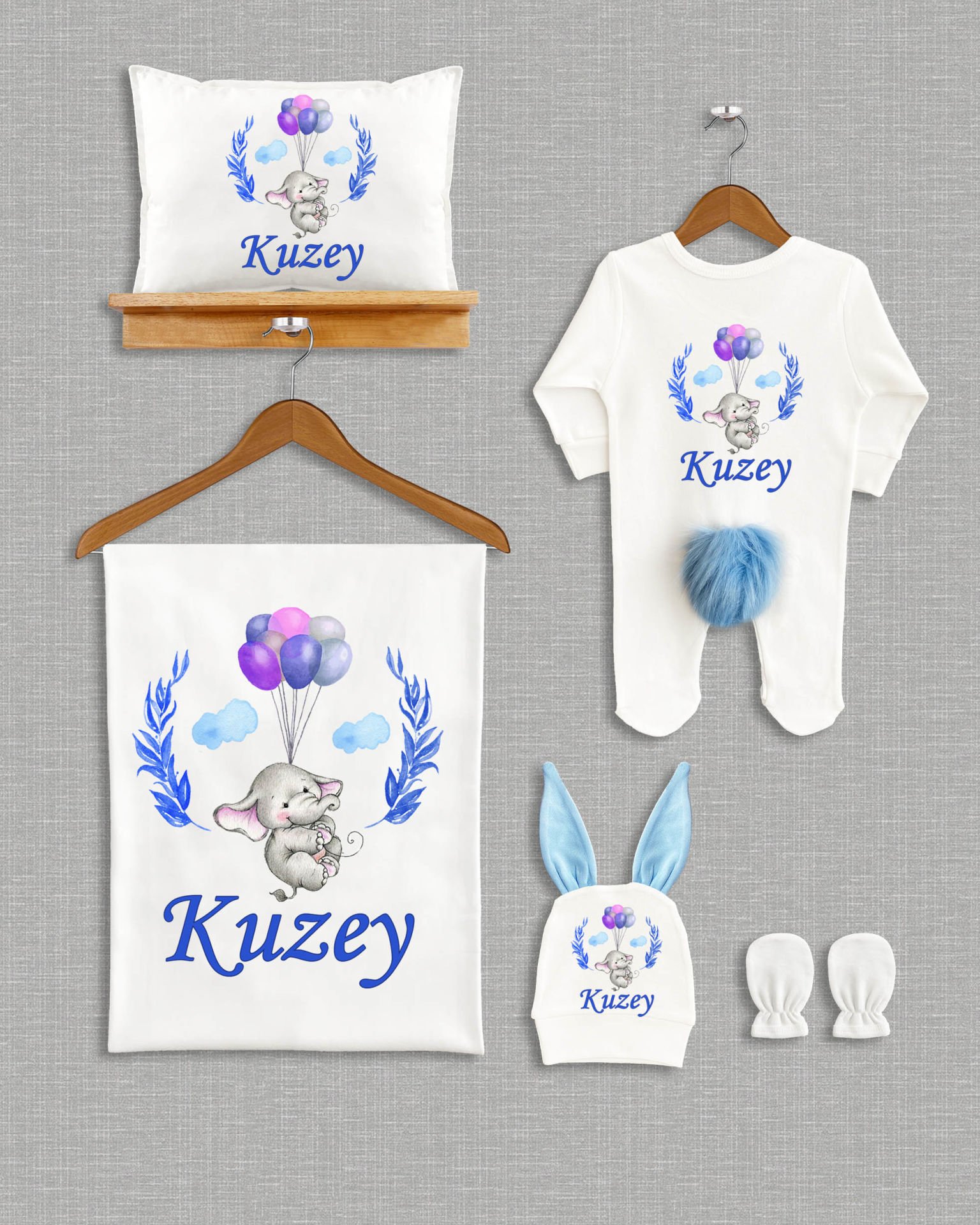 Filli Balonlu Mavi Yaprak Tasarımlı 5'li Ponponlu Organik Hastane Çıkışı