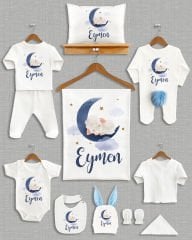 Koyu Mavi Ay Üzerinde Uyuyan Sevimli Kuzu Tasarımı Ponponlu Tavşan Kulaklı 11'li Organik Hastane Çıkışı