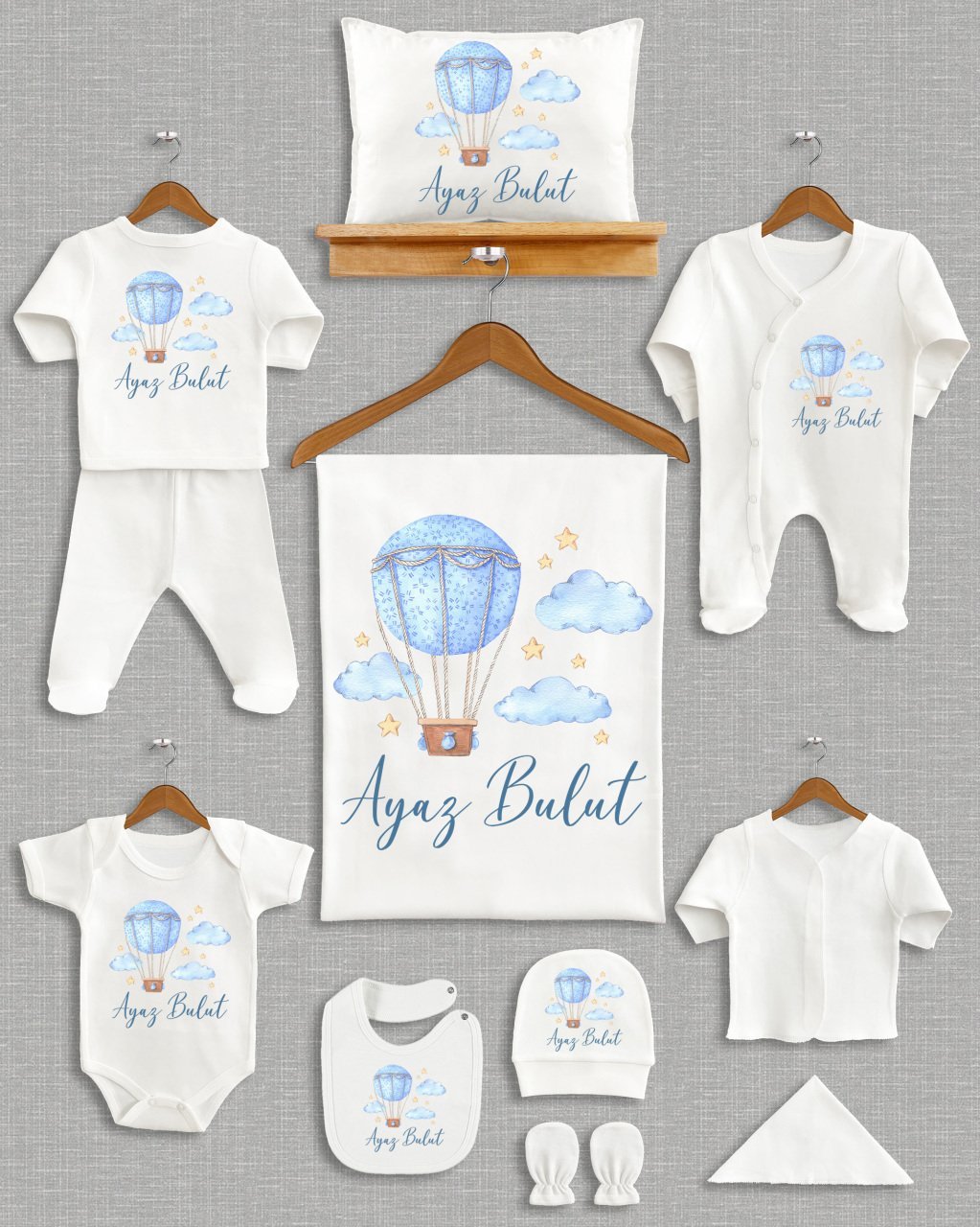 Mavi Uçan Balon Bulut Tasarımı 11'li Organik  Hastane Çıkışı