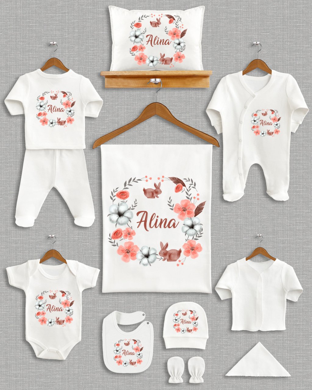 Pastel Çiçek ve Tavşan Tasarımı 11'li Organik  Hastane Çıkışı