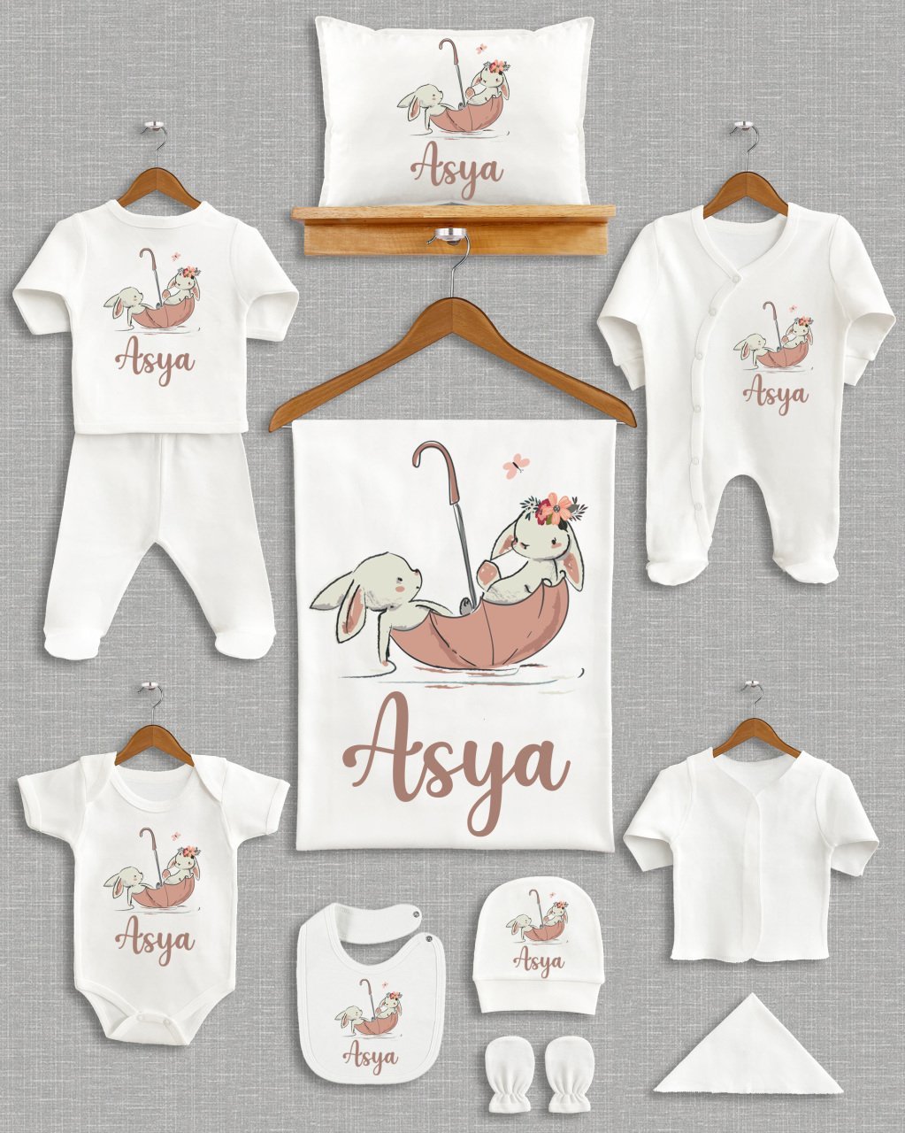 Şemsiye İçinde Sevimli Tavşanlı Tasarımı 11'li Organik Hastane Çıkışı