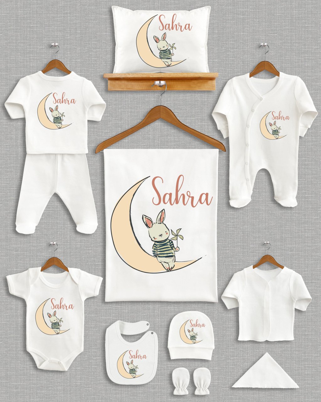 Ay Üzerinde Sevimli Tavşan Tasarımı 11'li Organik Hastane Çıkışı