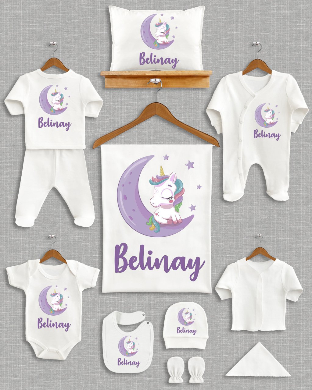 Mor Ay Üzerinde Unicorn Tasarımı 11'li Organik Hastane Çıkışı