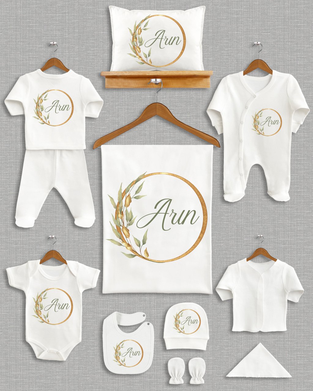 Pastel Yeşil Yaprak Çelenk Tasarım 11'li Organik  Hastane Çıkışı