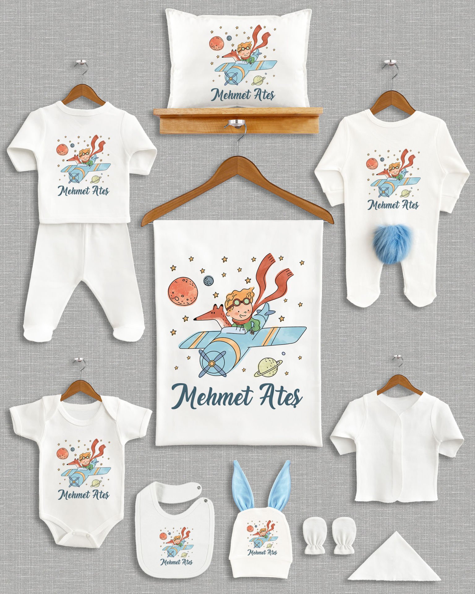 Küçük Prens Tasarımı Ponponlu Tavşan Kulaklı 11'li Organik Hastane Çıkışı