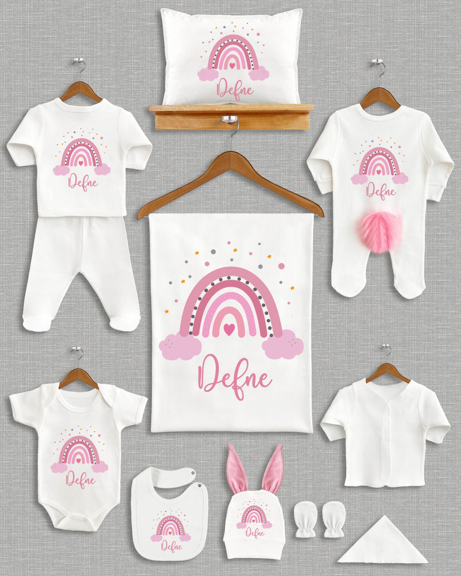 Gökkuşağı Tasarımı Ponponlu Tavşan Kulaklı 11'li Organik Hastane Çıkışı