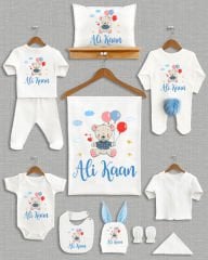 Renkli Balon Tutan Sevimli Ayıcık Tasarımı Ponponlu Tavşan Kulaklı 11'li Organik Hastane Çıkışı