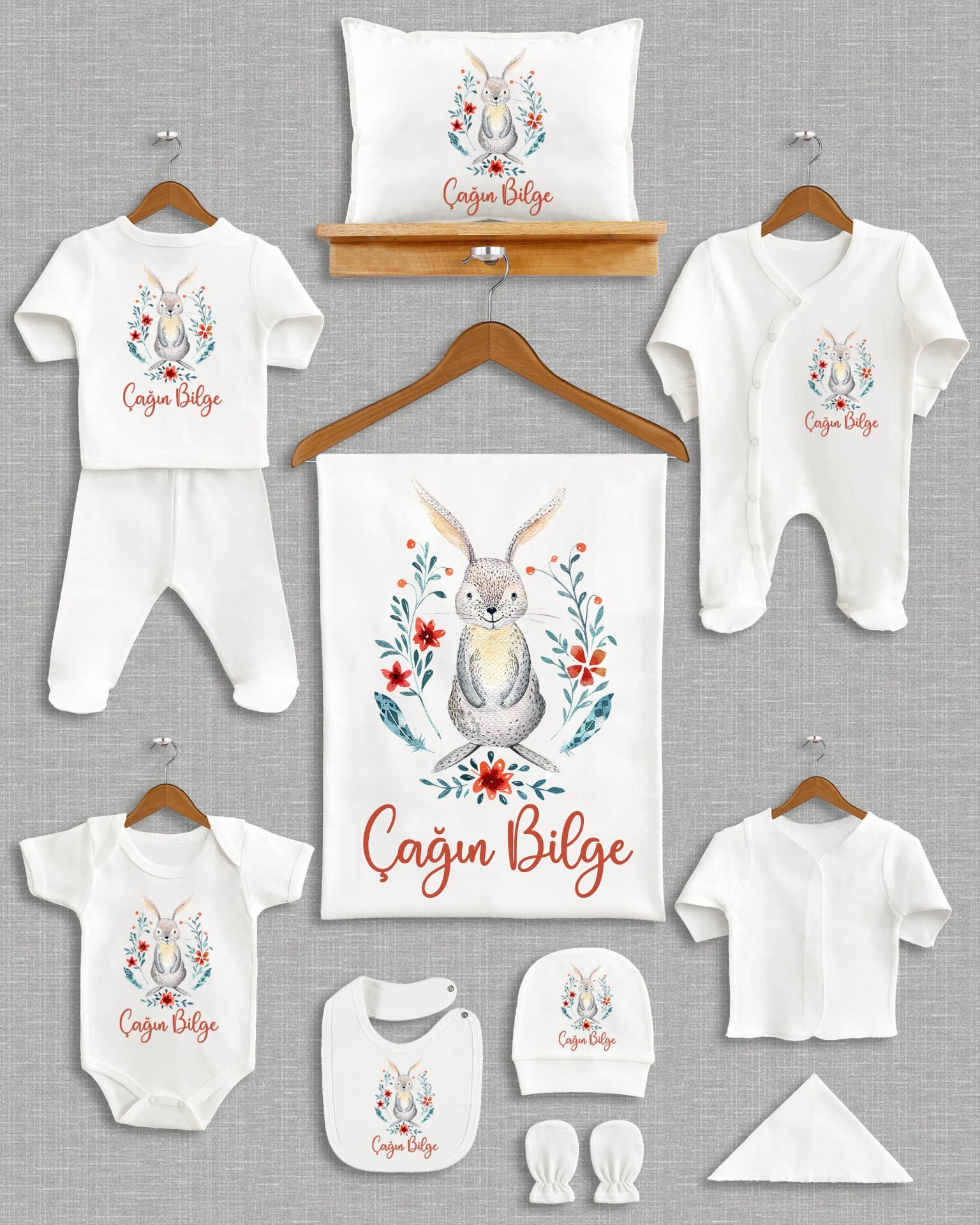 Sevimli Tavşan Tasarımı 11'li Organik İsme Özel Hastane Çıkışı