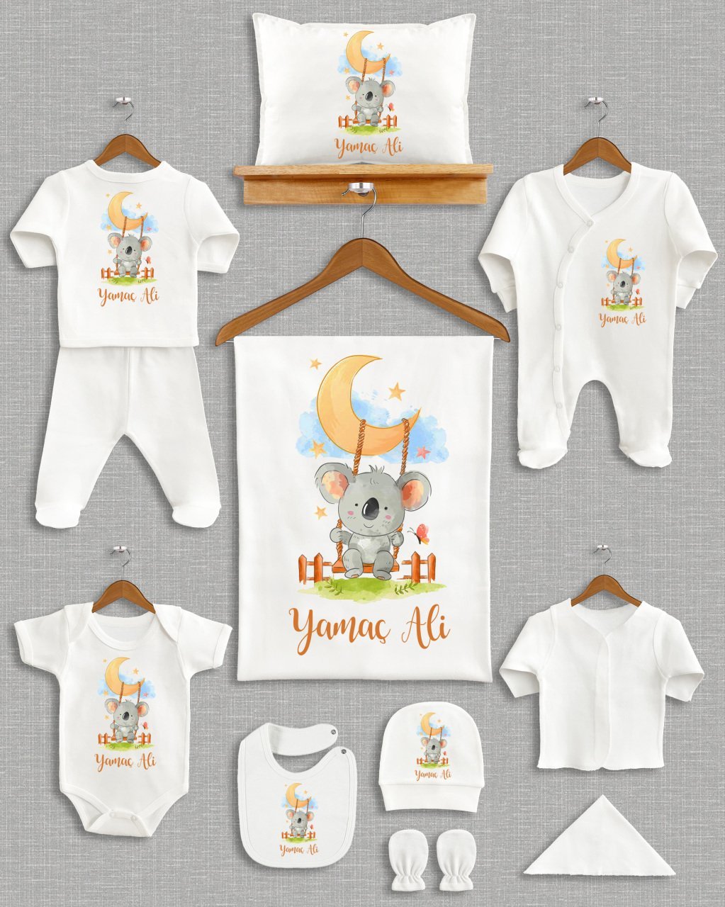 Ay Üzerinde Sallanan Sevimli Koala Tasarım 11'li Organik  Hastane Çıkışı