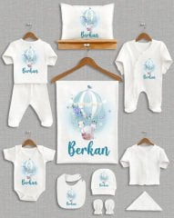 Mavi Uçan Balon İçinde Sevimli Hayvanlar Tasarımı 11'li Organik  Hastane Çıkışı