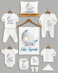 Ay Üzerinde Sevimli Erkek Bebek Tasarımı 11'li Organik  Hastane Çıkışı