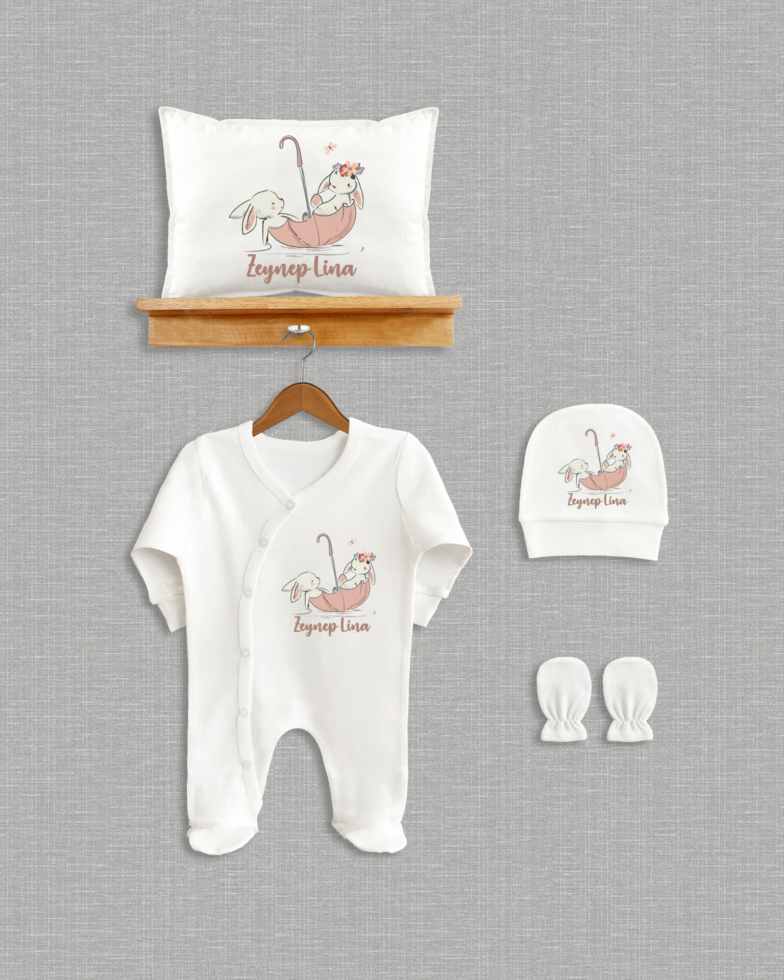 Şemsiyede Sevimli Tavşan Tasarımı 4'lü Organik Hastane Çıkışı