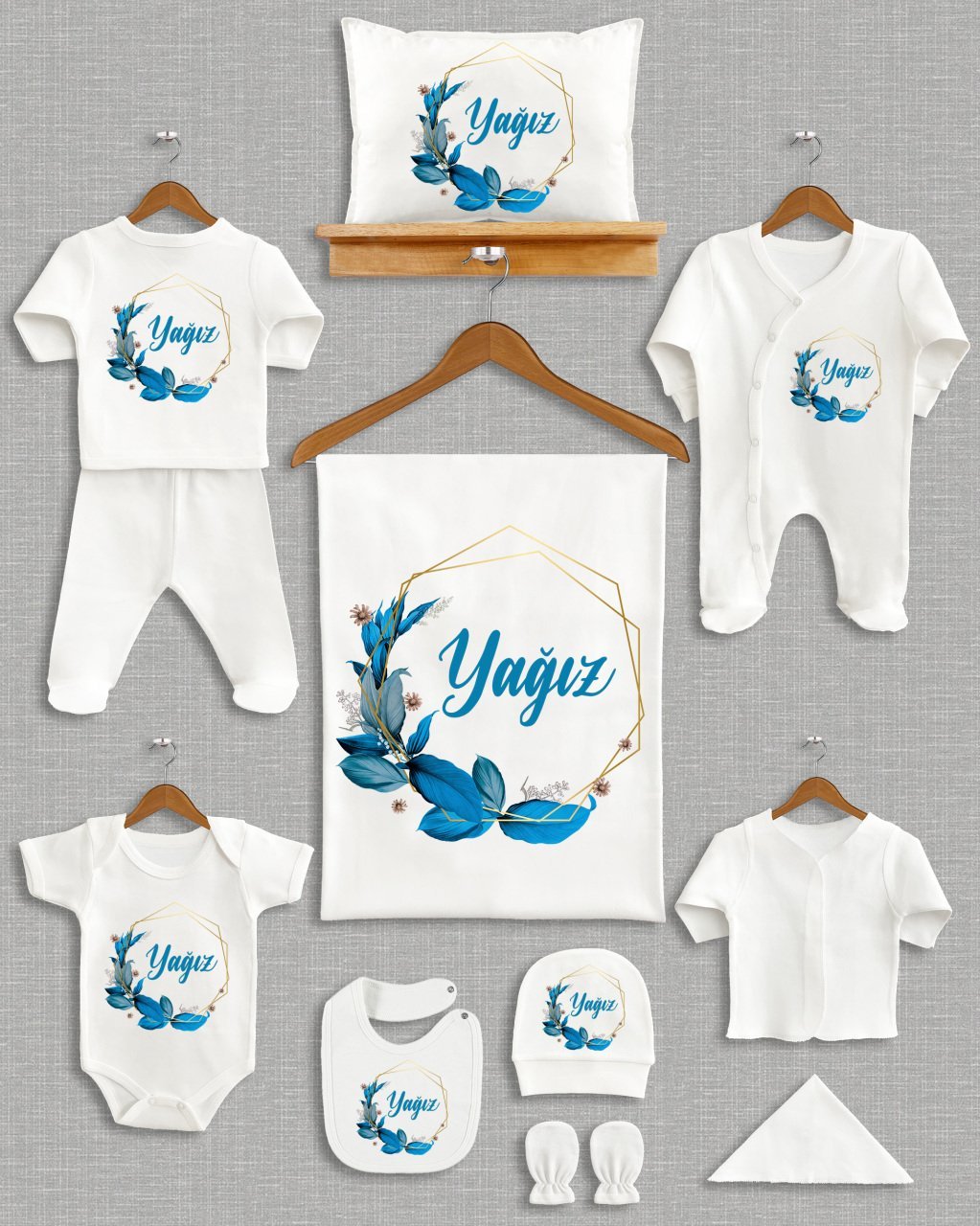 Mavi Yapraklı Çelenk Tasarımı 11'li Organik  Hastane Çıkışı