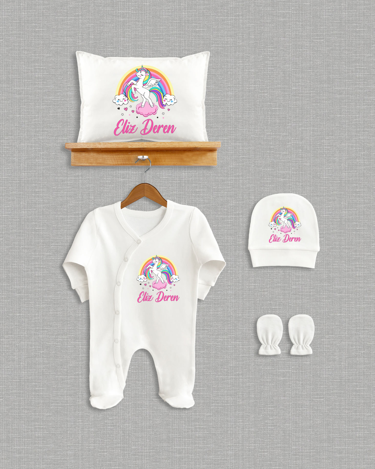 Gökkuşağında Unicorn Tasarımı 4'lü Organik Hastane Çıkışı