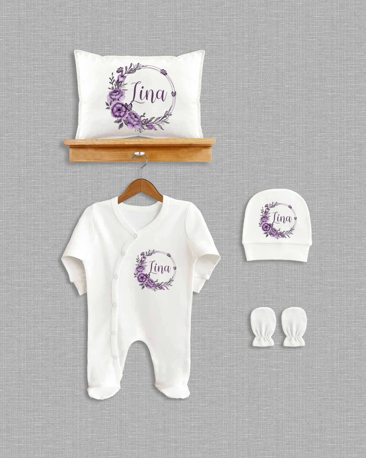 Mor Çiçek Çelenk Tasarımı 4'lü Organik Hastane Çıkışı