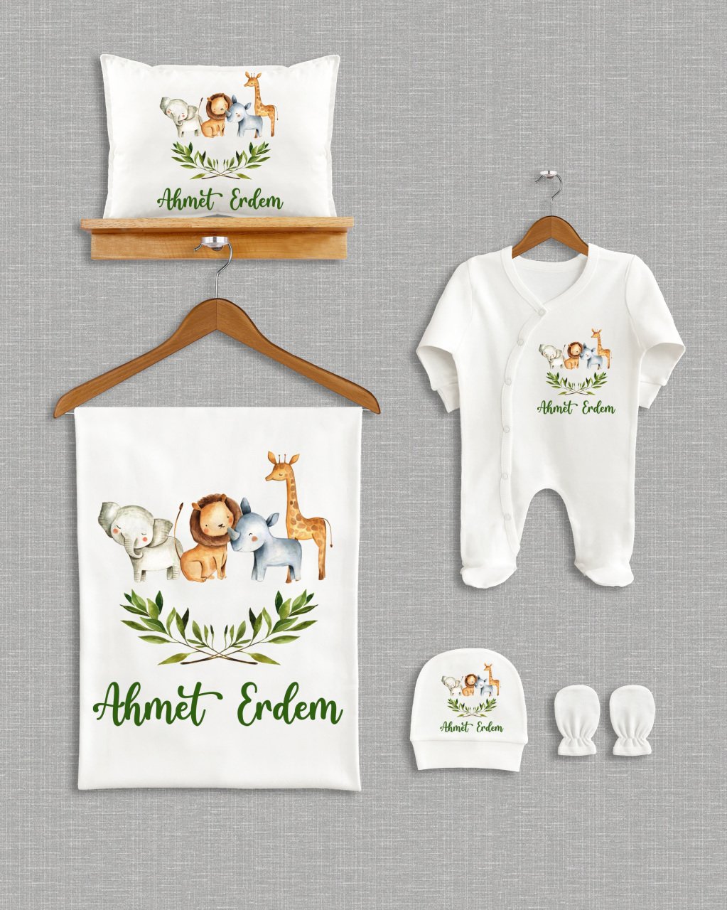 Yeşil Yapraklı Sevimli Hayvanlar Tasarımı 5'li Organik Hastane Çıkışı