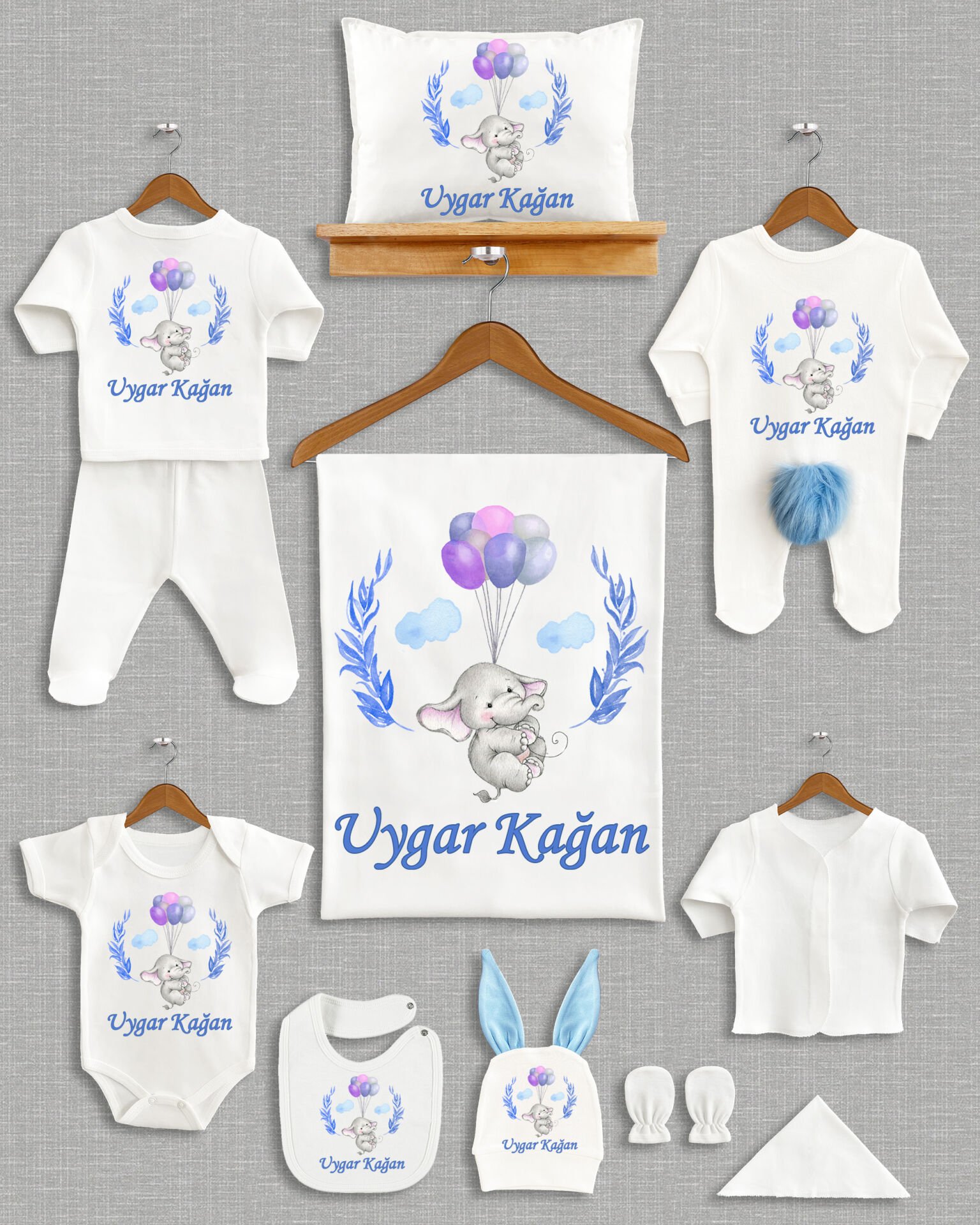 Renkli Balon Tutan Sevimli Fil Tasarımı Ponponlu Tavşan Kulaklı 11'li Organik Hastane Çıkışı