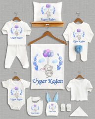 Renkli Balon Tutan Sevimli Fil Tasarımı Ponponlu Tavşan Kulaklı 11'li Organik Hastane Çıkışı