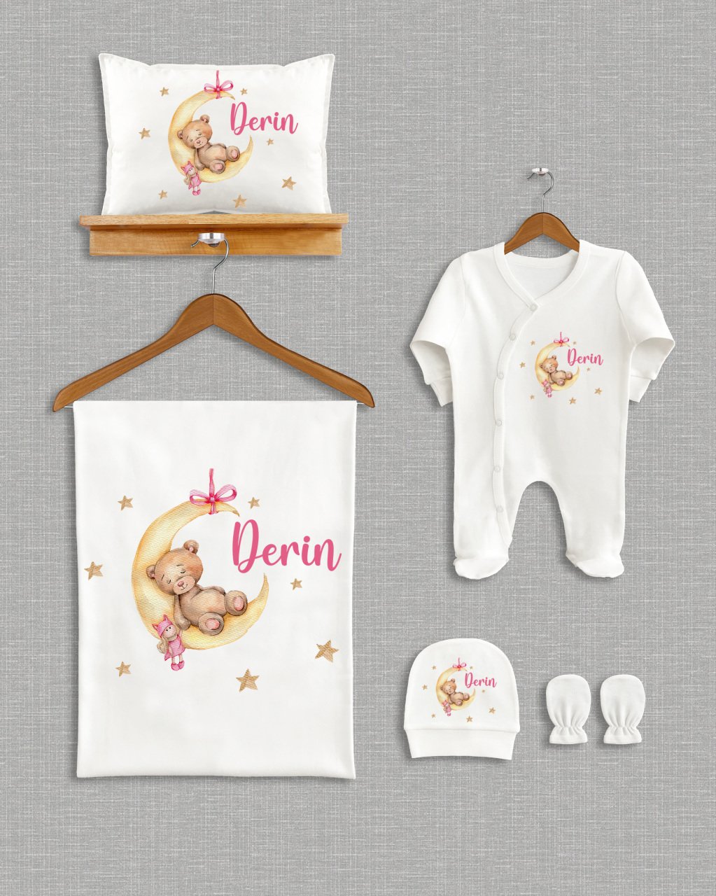 Ay Üzerinde Uyuyan Sevimli Ayıcık Tasarımı 5'li Organik Hastane Çıkışı