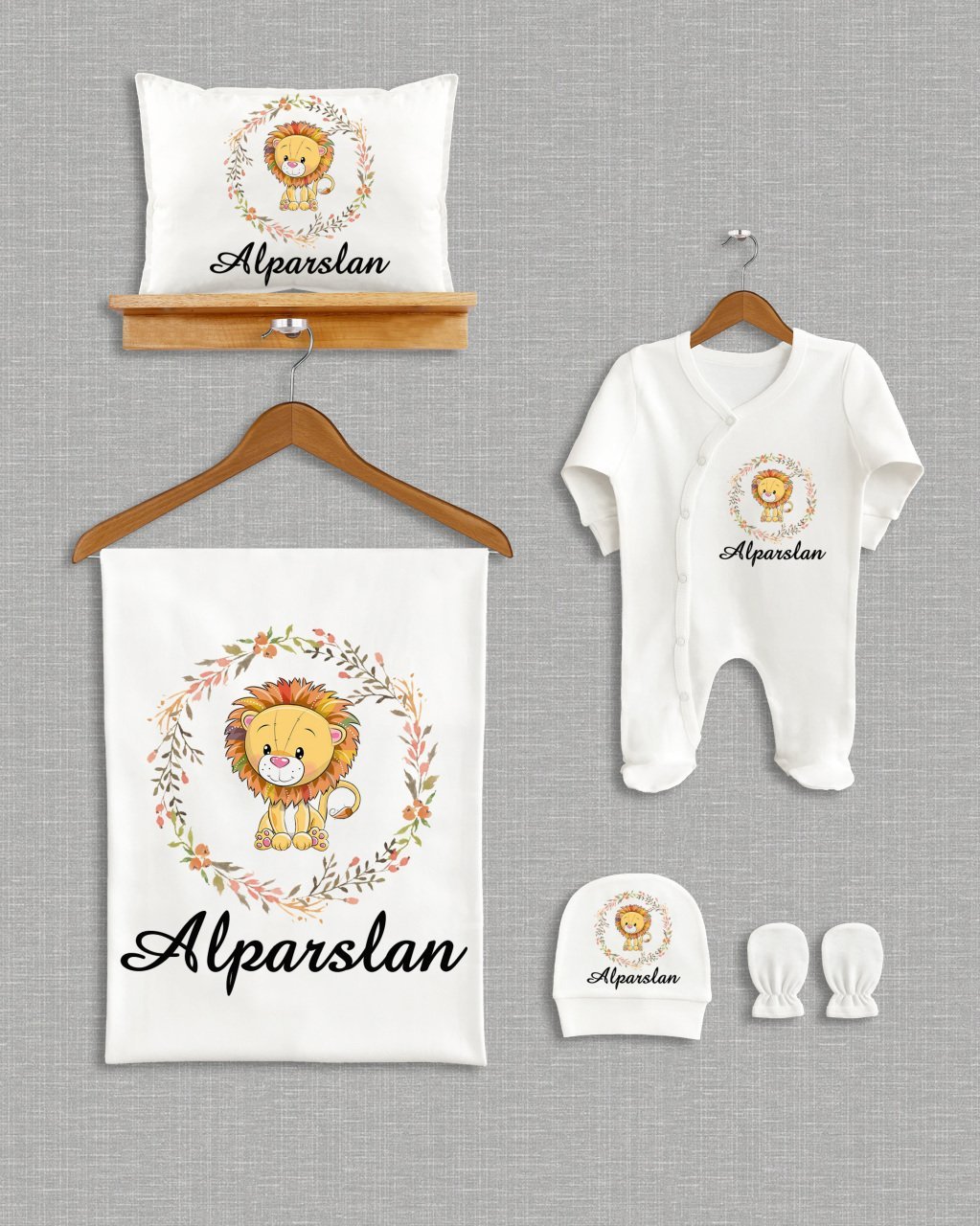 Çelenk İçinde Sevimli Aslan Tasarımı 5'li Organik Hastane Çıkışı