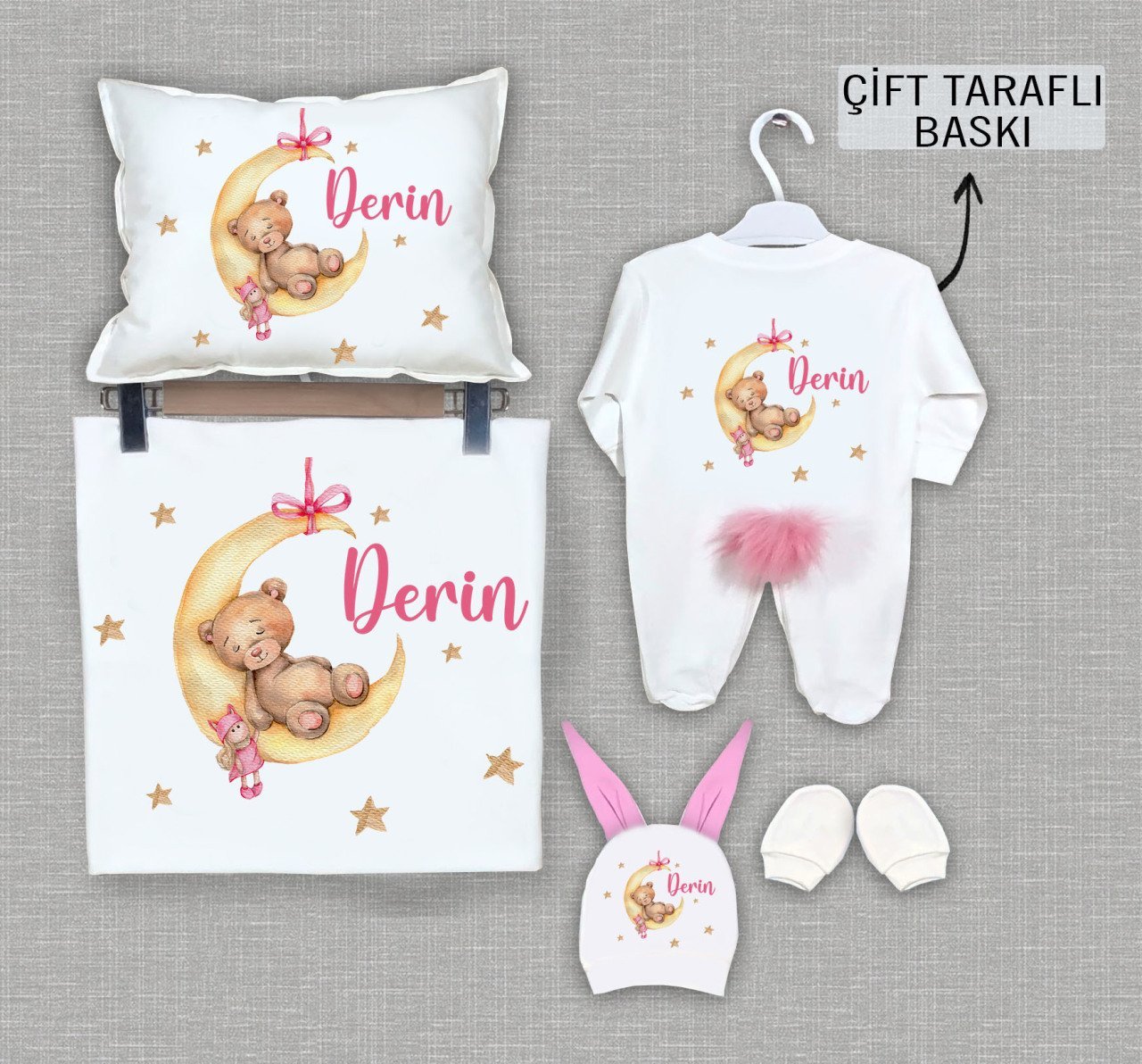 Ay Üzerinde Uyuyan Sevimli Ayıcık Tasarımlı 5'li Ponponlu Organik Hastane Çıkışı