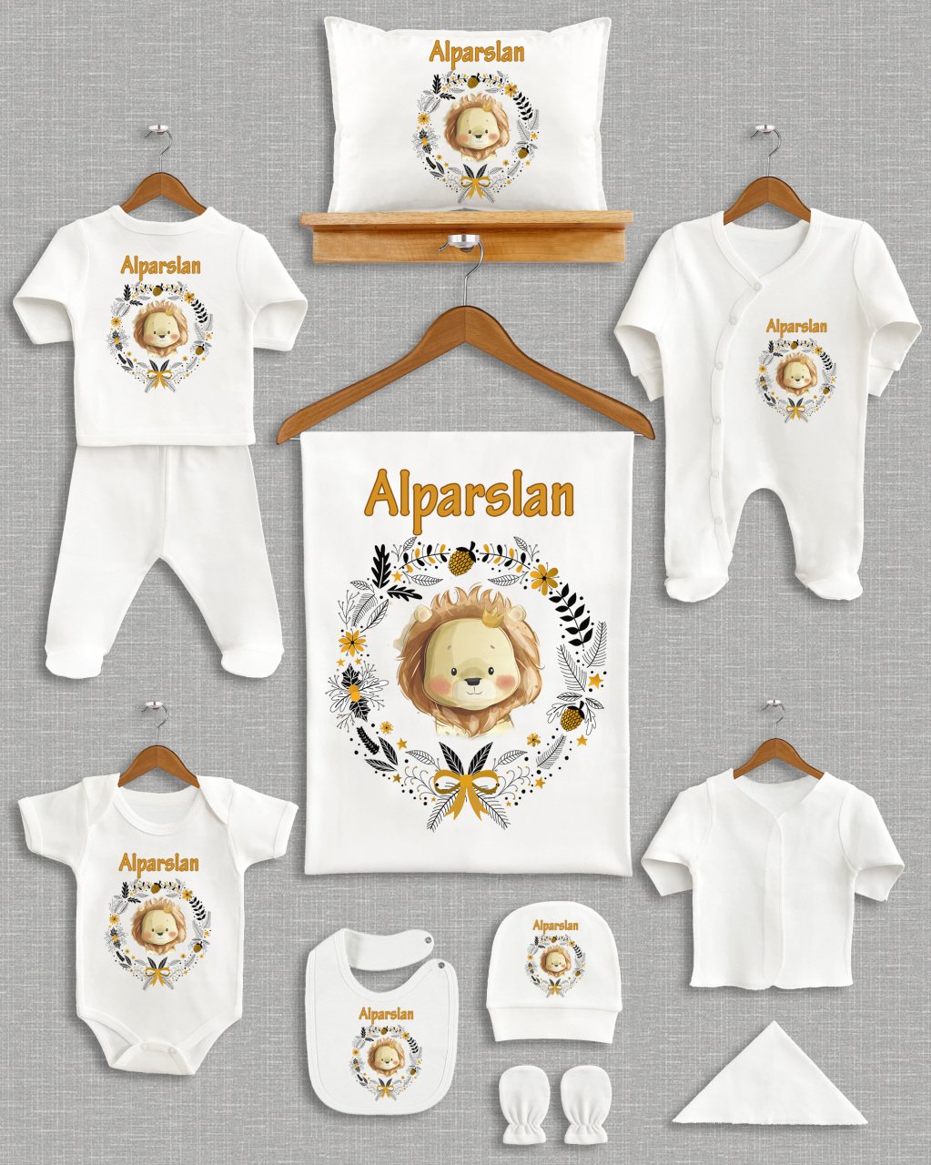 Çelenk İçinde Sevimli Aslan Tasarımı 11'li Organik  Hastane Çıkışı