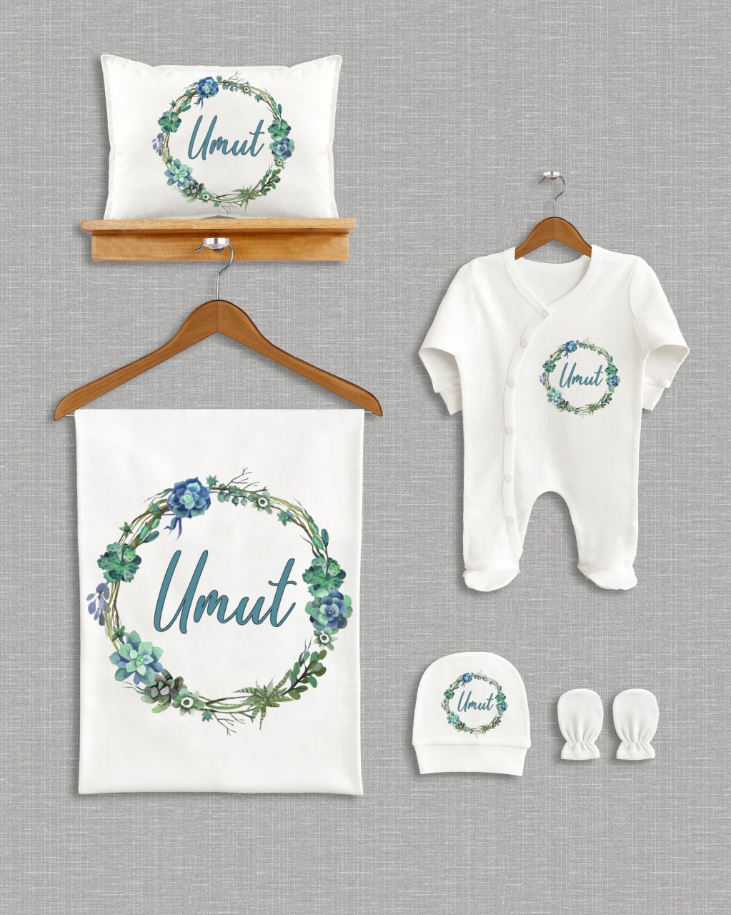 Yeşil Mavi Çiçekli Tasarım 5'li Organik Hastane Çıkışı