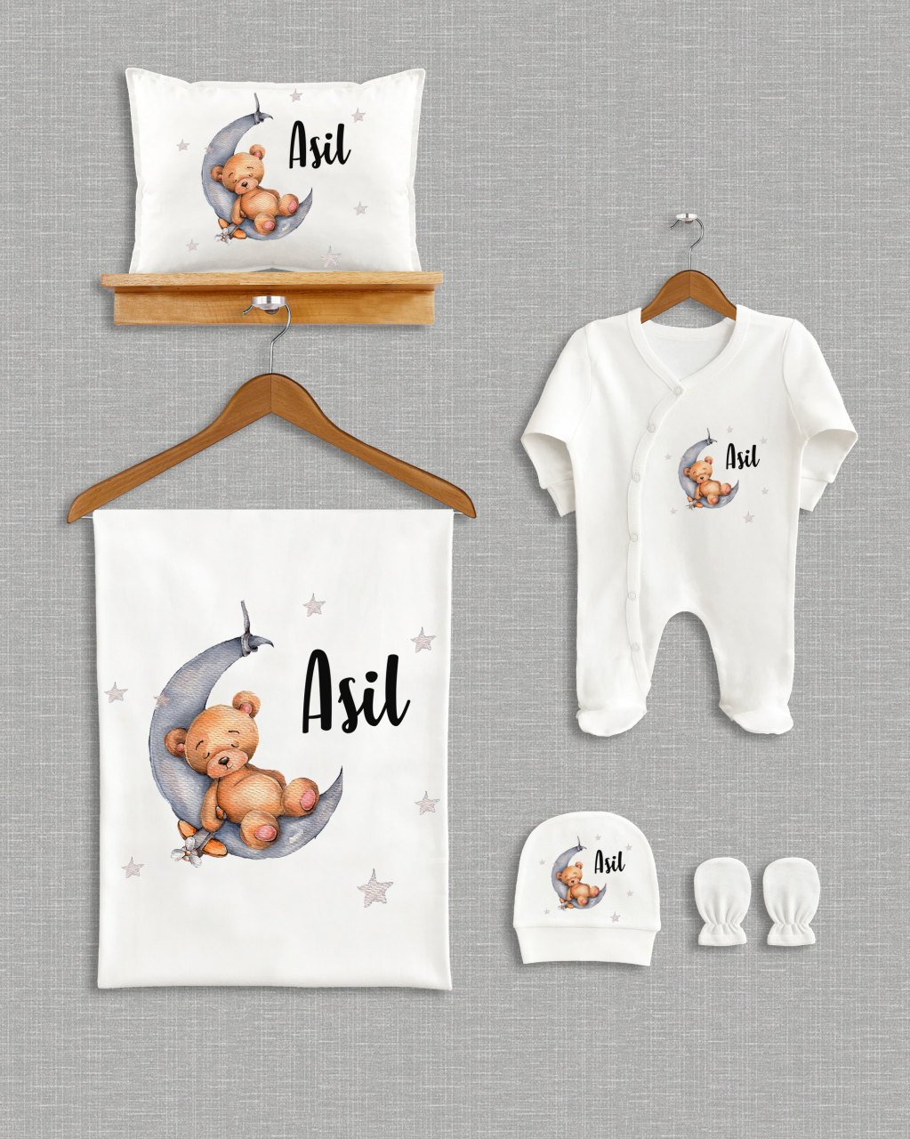 Ay Üzerinde Uyuyan Sevimli Ayıcık Tasarımı 5'li Organik Hastane Çıkışı