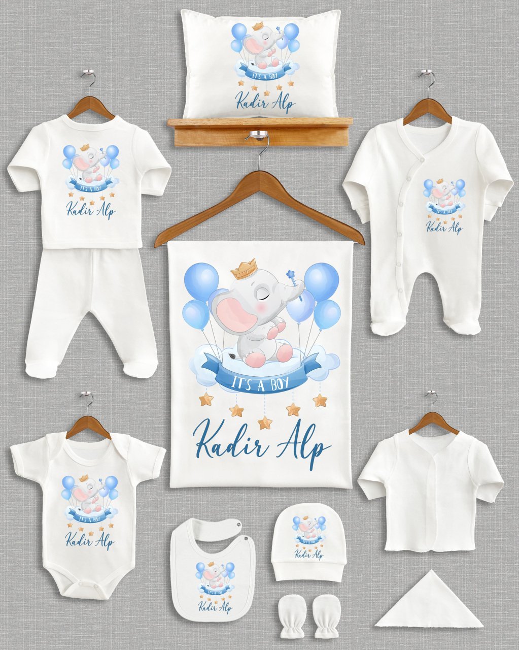 Mavi Balonlu Sevimli Fil Tasarımı 11'li Organik  Hastane Çıkışı