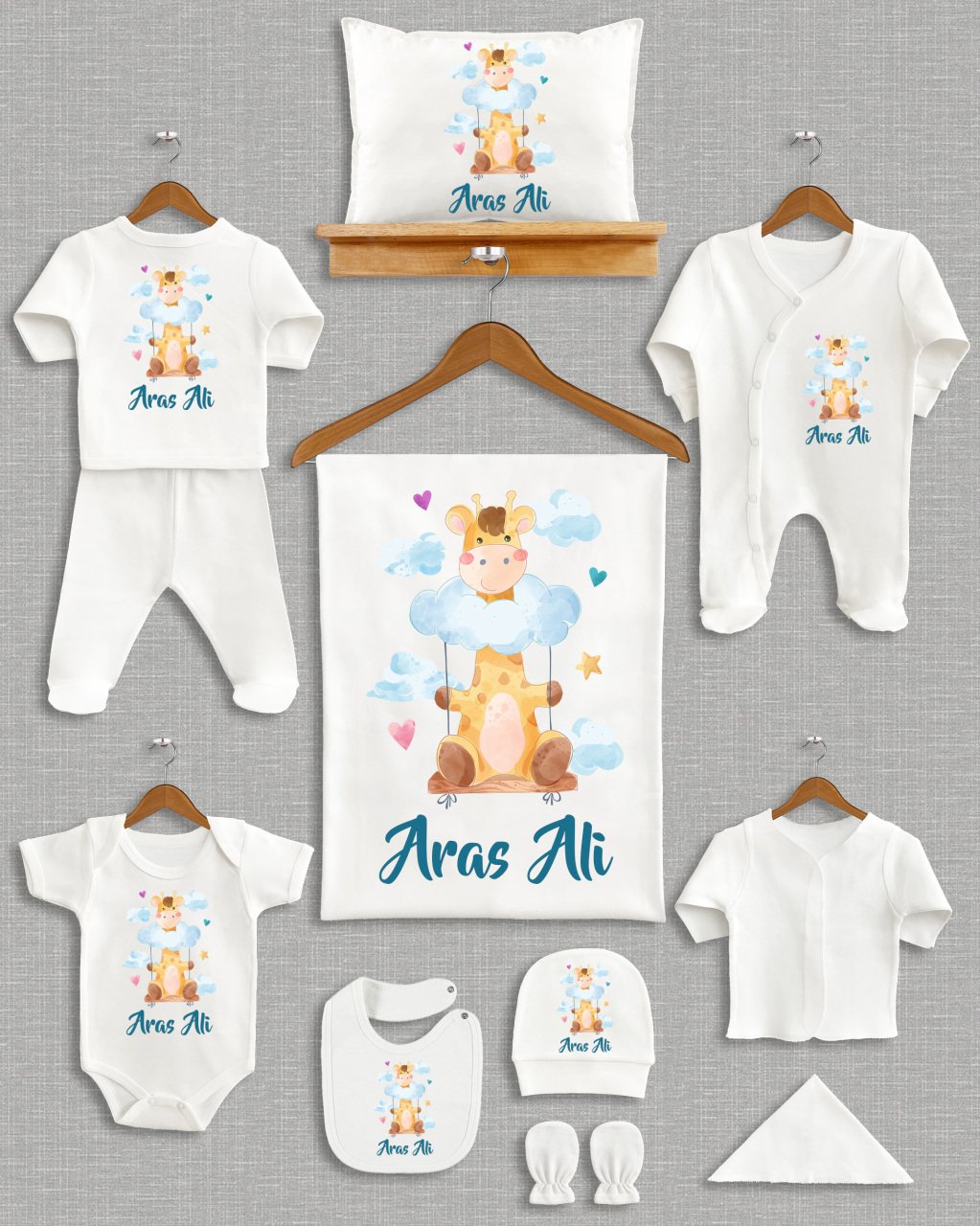 Mavi Bulutlu Sevimli Zürafa Tasarımı 11'li Organik  Hastane Çıkışı