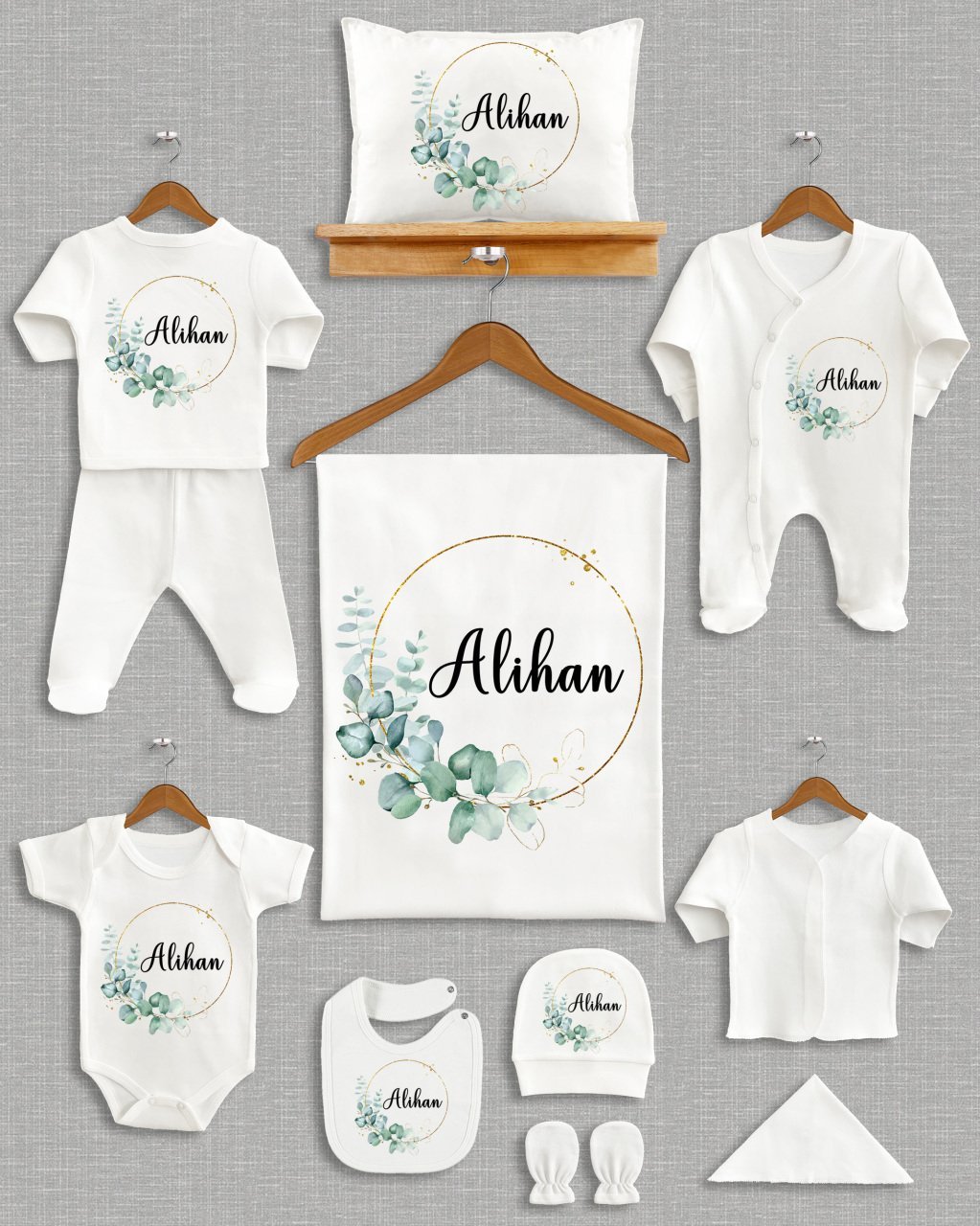 Pastel Yeşil Yapraklı Tasarım 11'li Organik  Hastane Çıkışı