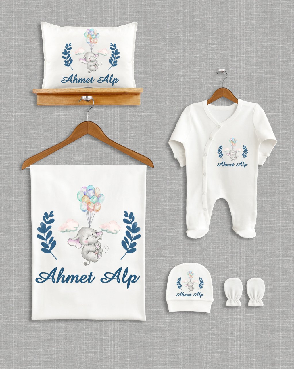 Balon Tutan Sevimli Fil Tasarımı 5'li Organik Hastane Çıkışı